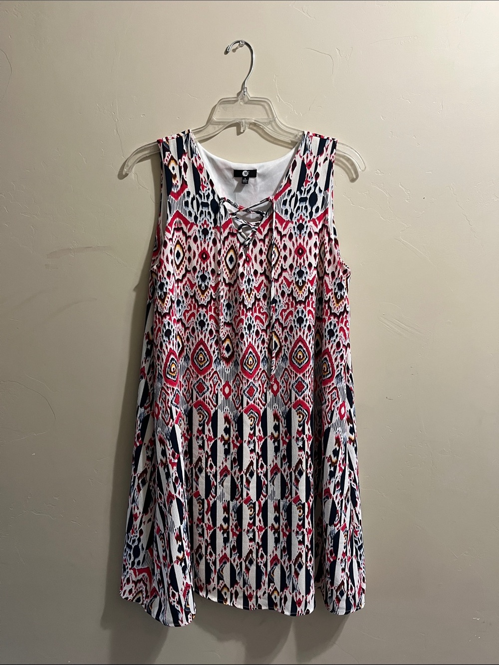 Sleeveless Ikat Print Dress with Lace-Up Neckline - Red/Black/White